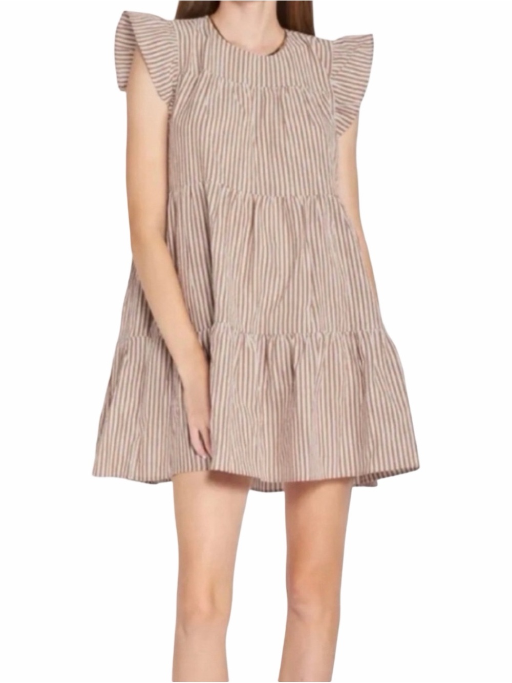 EN SAISON Striped Tiered Ruffle Brown White Flutter Sleeve Mini Dress Sz L